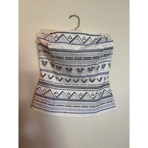 White House Black Market 2 White Corset Bustier Blue Embroidery Zip Up Cotton